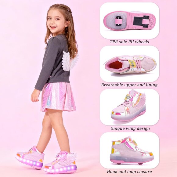 Kids A918pink Usb Chargeable Led Light Up Wheeled Skate Sneaker Shoes - Picture 6 of 7